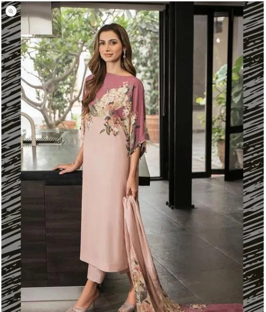 Latest 3 Pcs Unstitched Silky Suit 2026 – Digital Printed Long Airline Shirt with Trouser & China Silk Dupatta for Women | Summer Collection...?