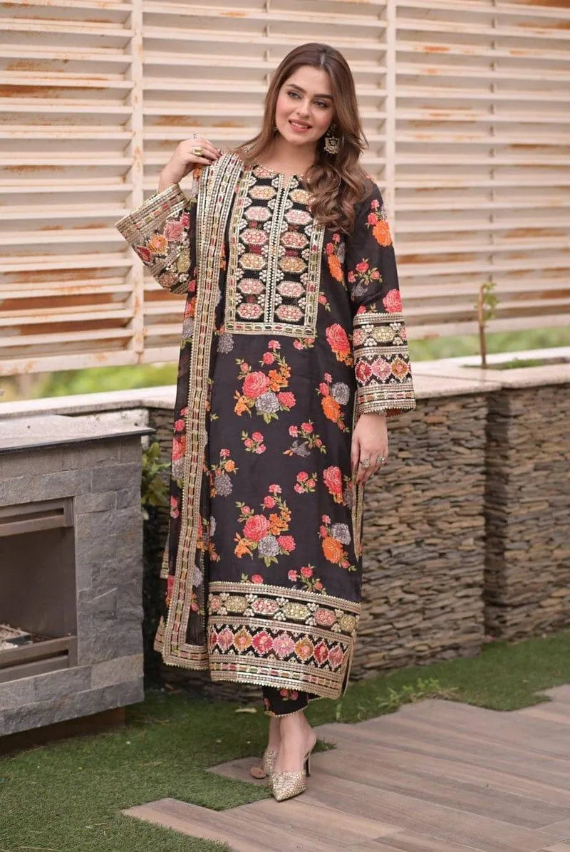 3 Pcs Women's Stitched Lawn Sequins Embroidered Suit...?