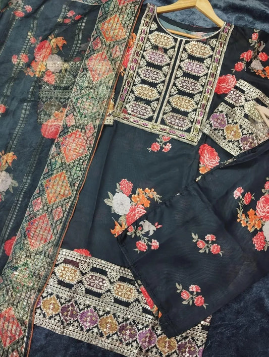 3 Pcs Women's Stitched Lawn Sequins Embroidered Suit...?