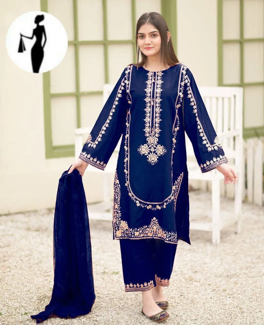 3 Pcs Women's Stitched Shamoz Silk Embroidered Suit...?