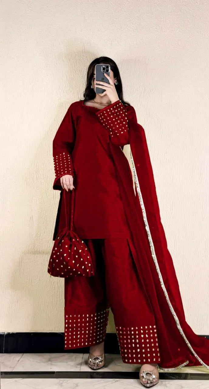 3 Pcs Women's Stitched Shamoz Silk Plain Suit...?