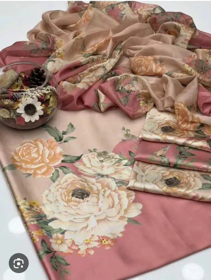 Latest 3 Pcs Unstitched Silky Suit 2026 – Digital Printed Long Airline Shirt with Trouser & China Silk Dupatta for Women | Summer Collection...?
