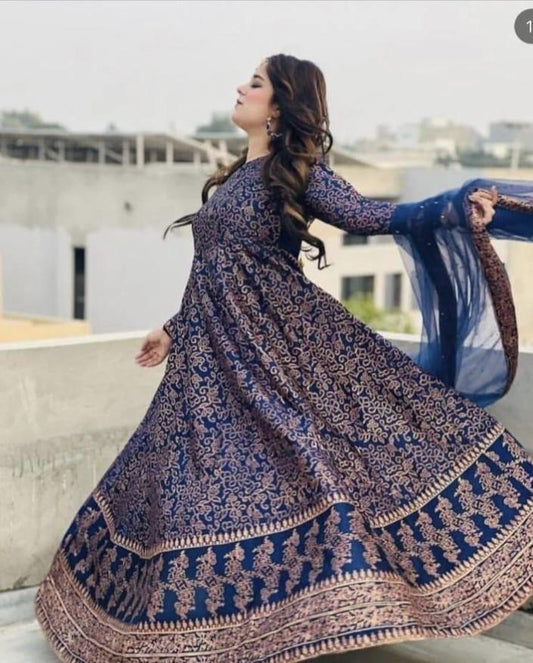 Women's Blue Katan Silk Steam Printed Anarkali Suit with Trouser & Dupatta Medium...?