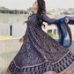 Women's Blue Katan Silk Steam Printed Anarkali Suit with Trouser & Dupatta Medium...?