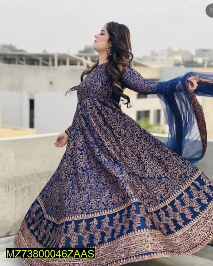 Women's Blue Katan Silk Steam Printed Anarkali Suit with Trouser & Dupatta Medium...?